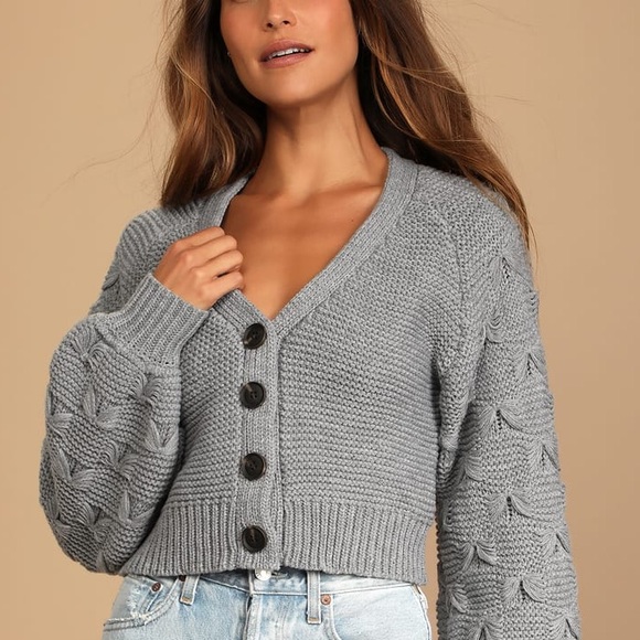 Grey Balloon Sleeve Cropped Cardigan Sweater 🌿 - Picture 2 of 9